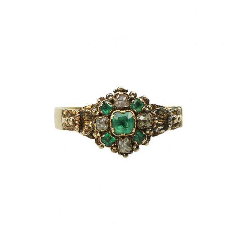 Early Cushion Cut Emerald and Diamond Ring
