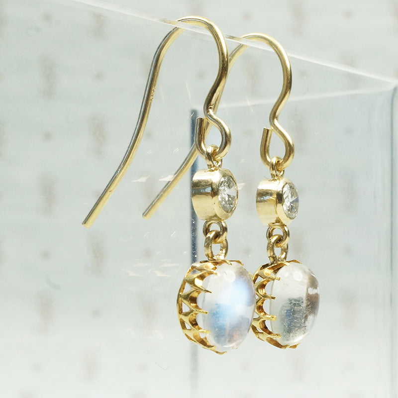 vintage moonstones in their original 11k settings with vintage diamonds and recycled ear wirs