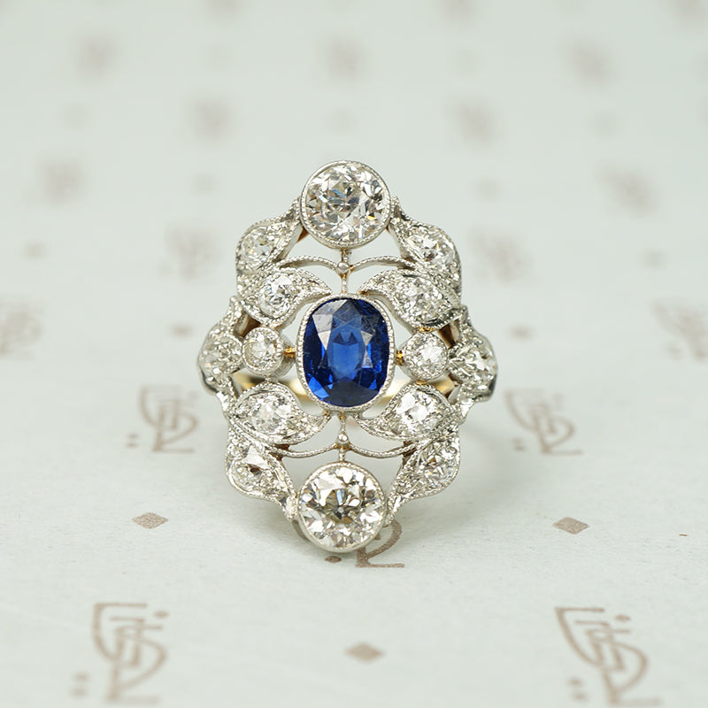 Elegant Belle Époque Diamond and Sapphire Ring