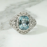 Platinum Aquamarine and Rose Cut Diamond Ring