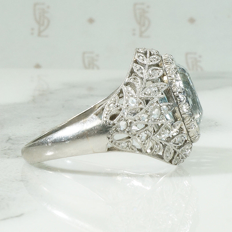 Platinum Aquamarine and Rose Cut Diamond Ring