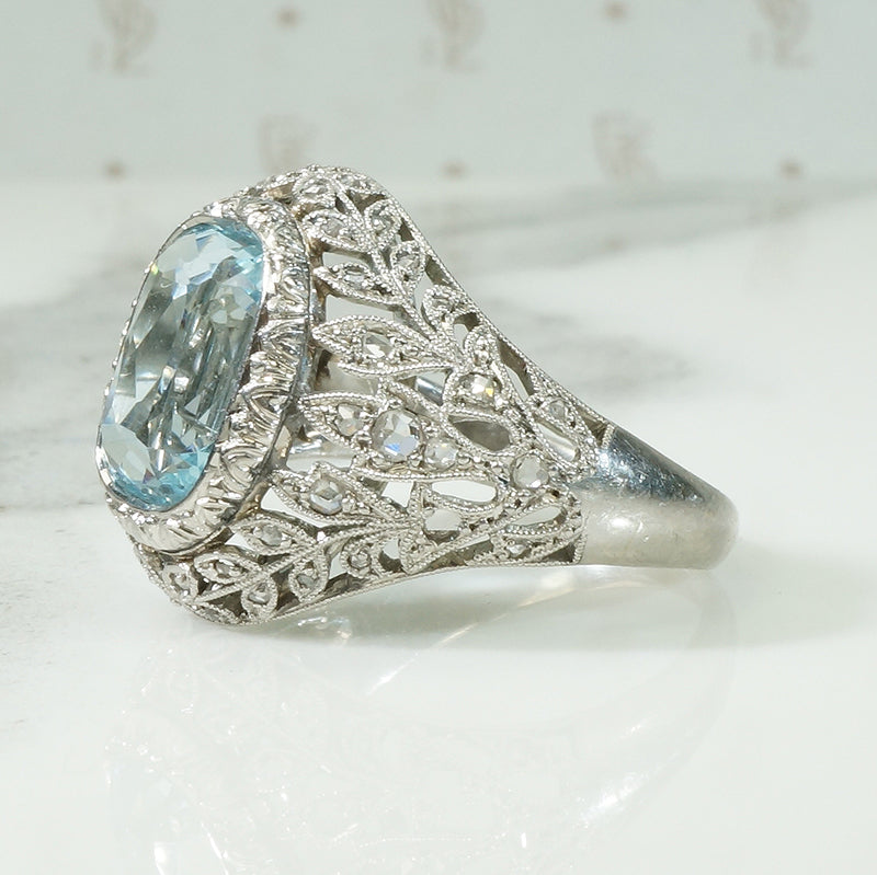 Platinum Aquamarine and Rose Cut Diamond Ring