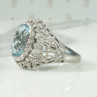 Platinum Aquamarine and Rose Cut Diamond Ring