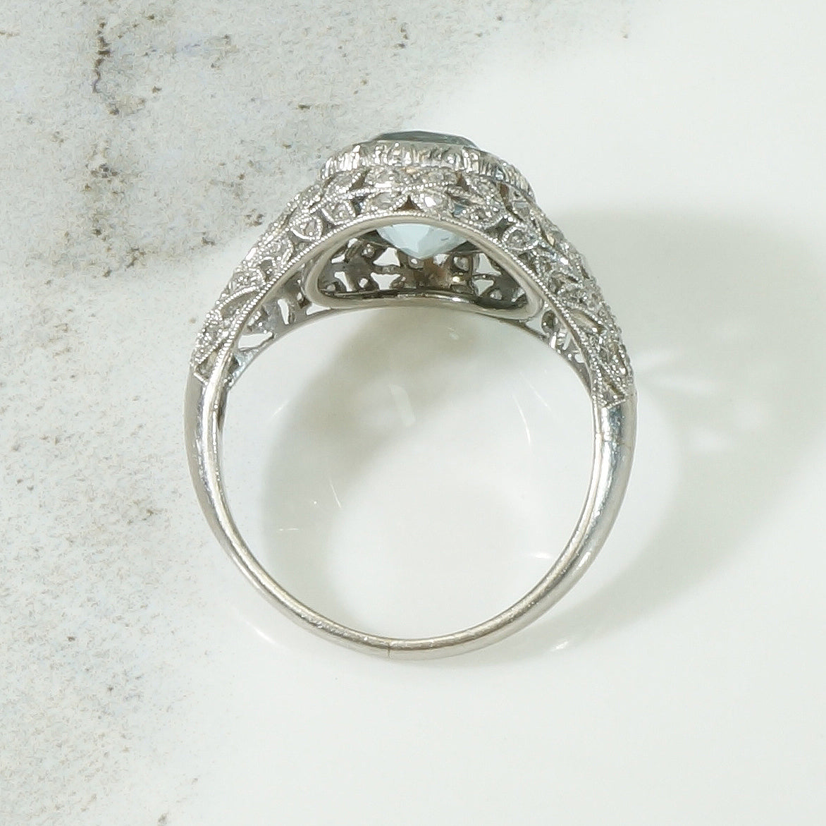Platinum Aquamarine and Rose Cut Diamond Ring