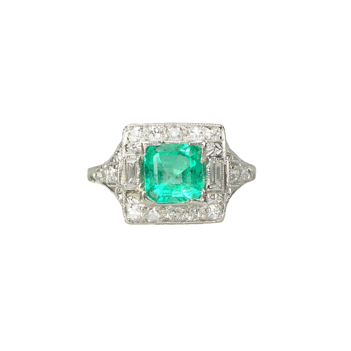 Edwardian Platinum Emerald and Diamond Ring - Gem Set Love