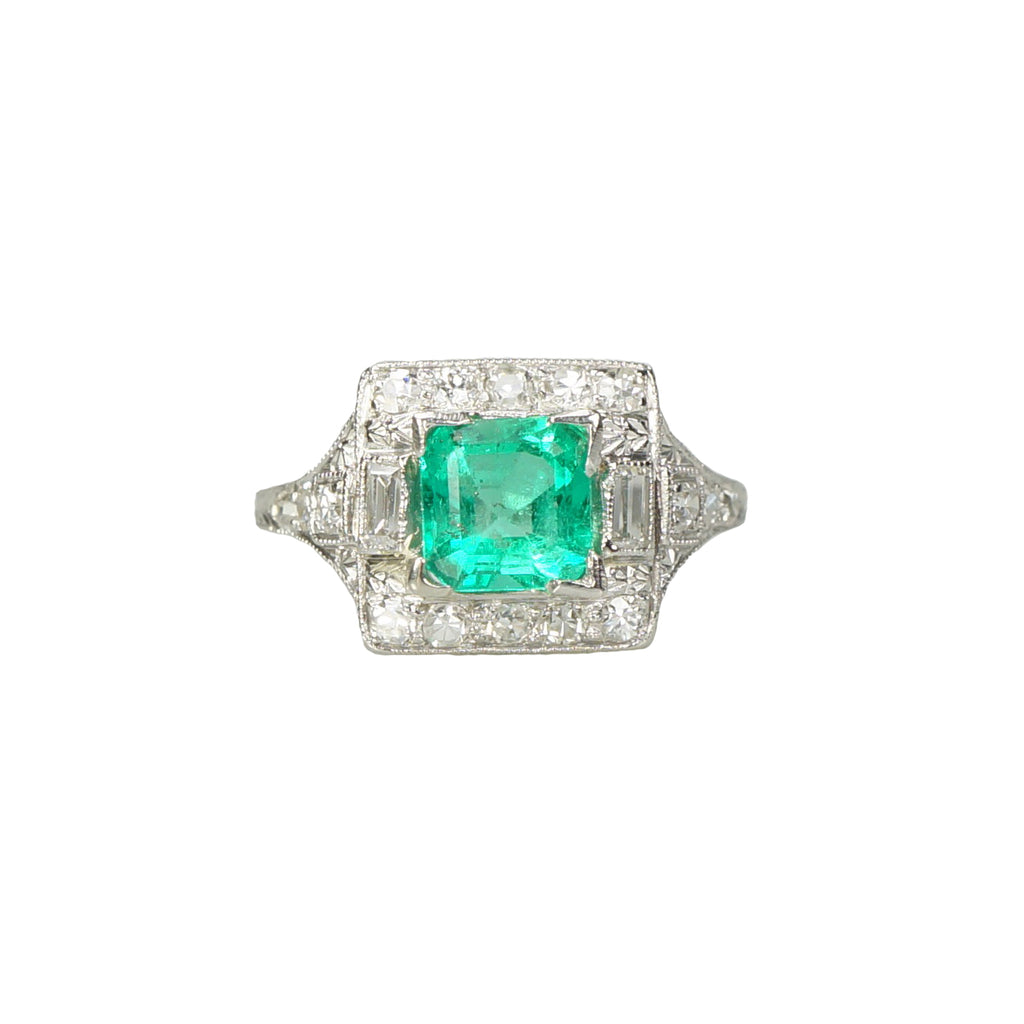 Edwardian Platinum Emerald and Diamond Ring - Gem Set Love