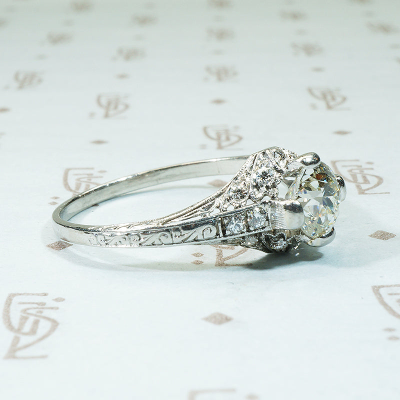 edwardian platinum filigree engagement ring set with oec diamond and flower diamond set details
