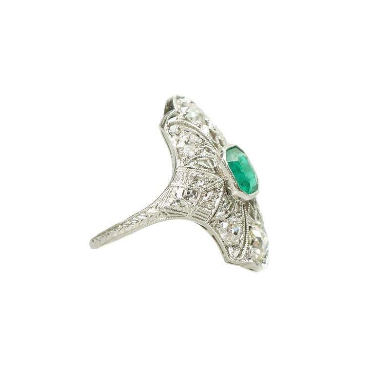 Highly Detailed Emerald and OMC Diamond Platinum Filigree Ring