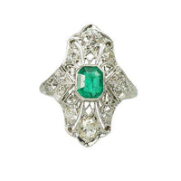 Highly Detailed Emerald and OMC Diamond Platinum Filigree Ring