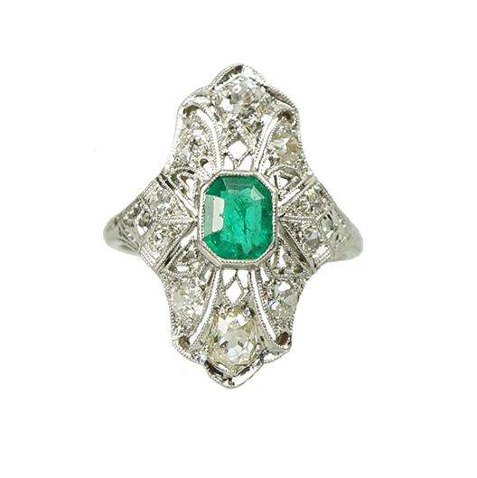 Highly Detailed Emerald and OMC Diamond Platinum Filigree Ring