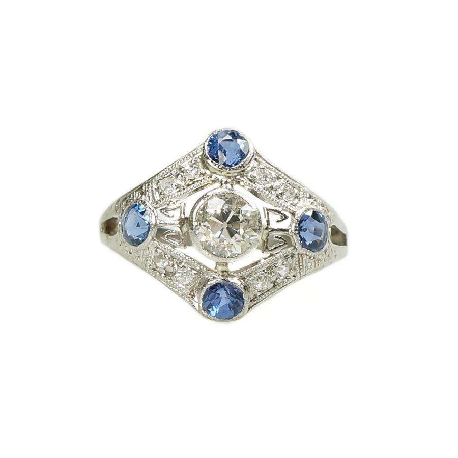 Platinum Diamond and Sapphire Edwardian Ring