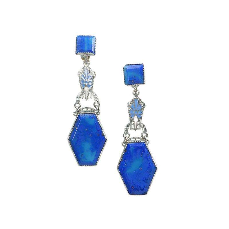 Lovely Blue Czech Glass Earrings with Pale Blue Enameling