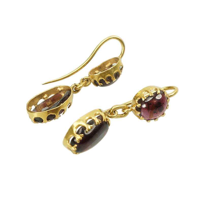 High Karat Gold Victorian Earrings set with Cabachon Garnets