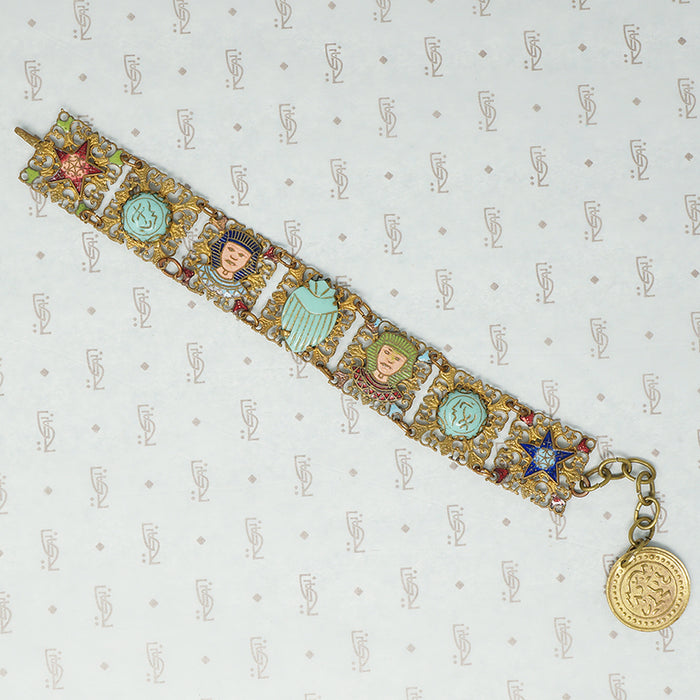 fun vintage egyptian themed bracelet brass filigree enamel and glass 