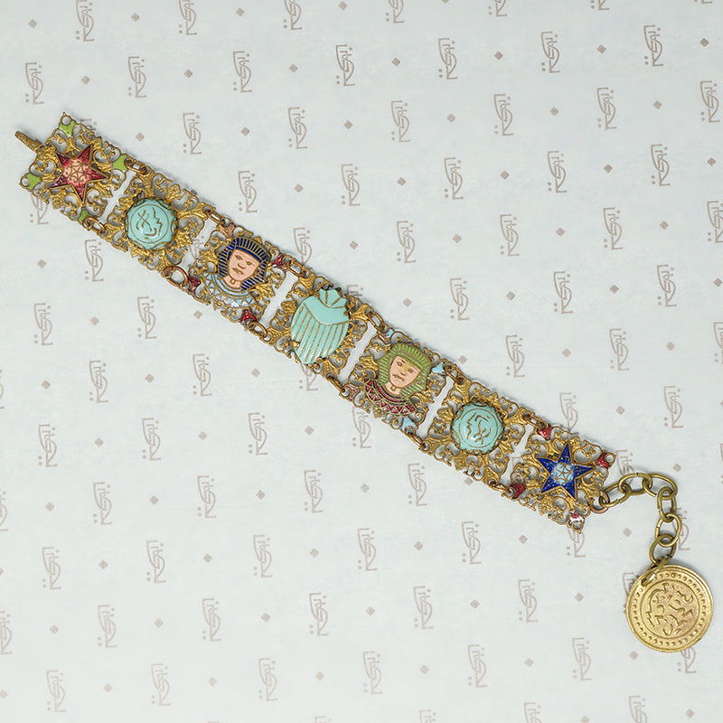 fun vintage egyptian themed bracelet brass filigree enamel and glass 