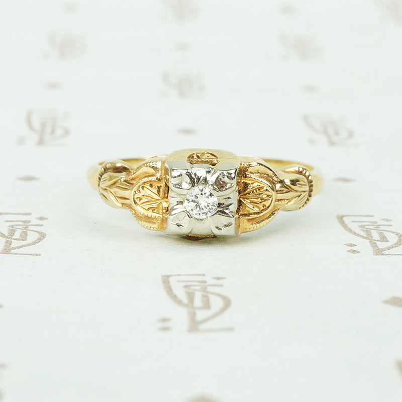 2 tone 14k gold 1930's puffy tiny diamond engagement ring