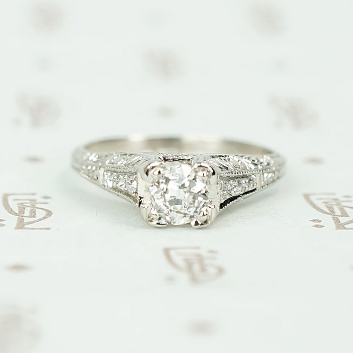 Exquisitely Engraved Art Deco Diamond Engagement Ring
