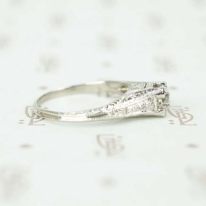 Exquisitely Engraved Art Deco Diamond Engagement Ring