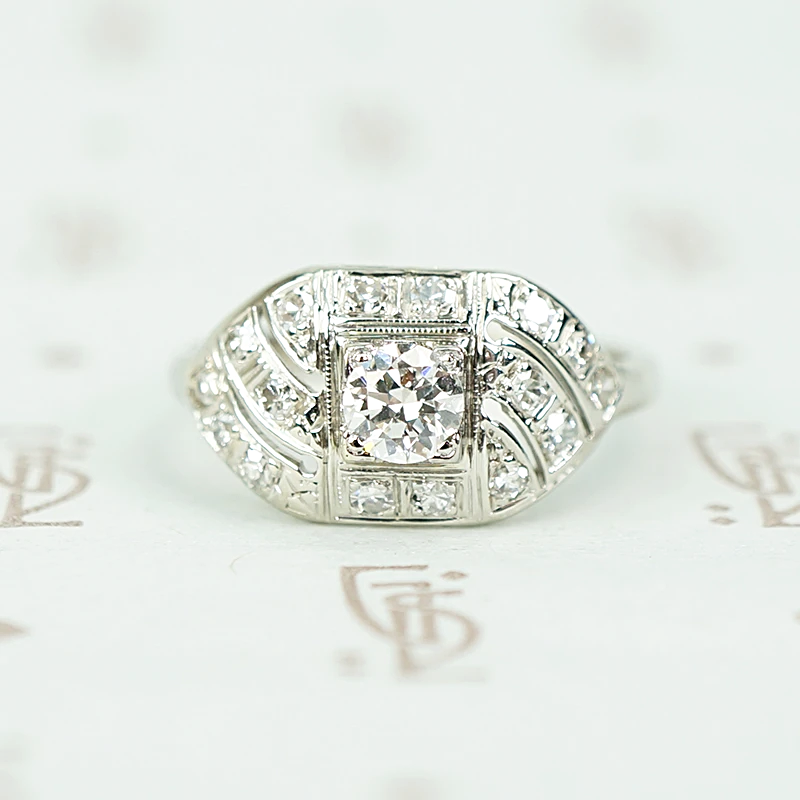 Lovely Details Low Profile Diamond Art Deco Ring