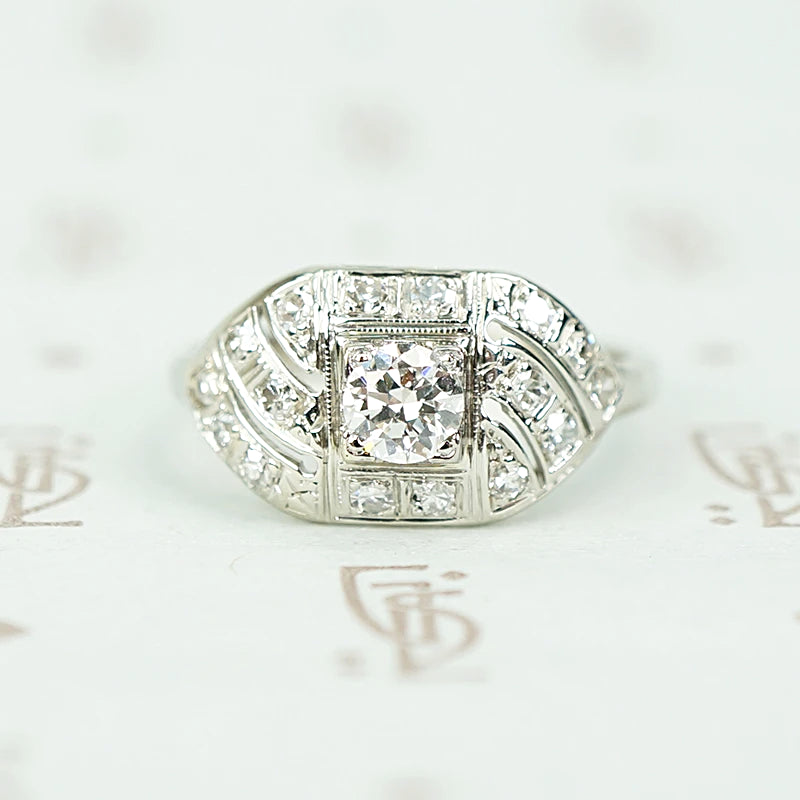 Lovely Details Low Profile Diamond Art Deco Ring
