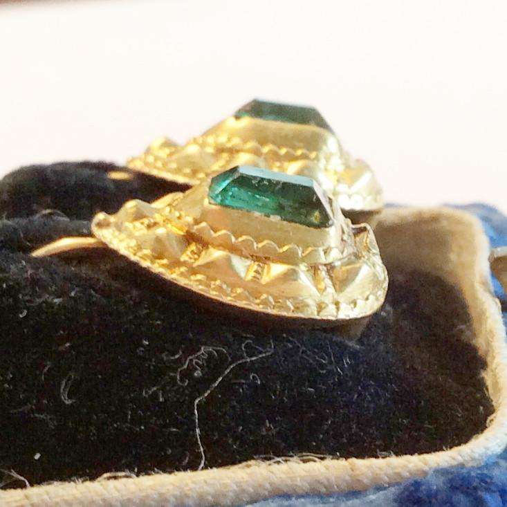 Georgian 18k Gold and Emerald Earrings in Original fitted Box
