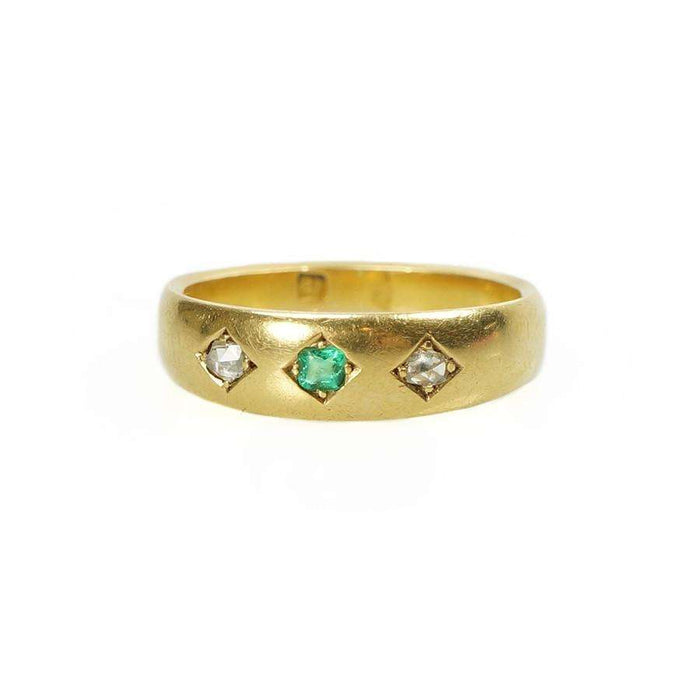 Gypsy Set 18k Yellow Gold Band with Rose Cut Diamonds and Emerald
