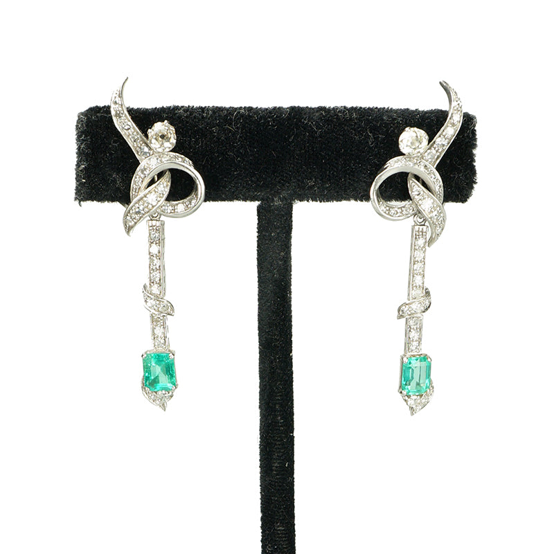 Platinum Emerald and Diamond Fine Vintage Earrings - Gem Set Love
