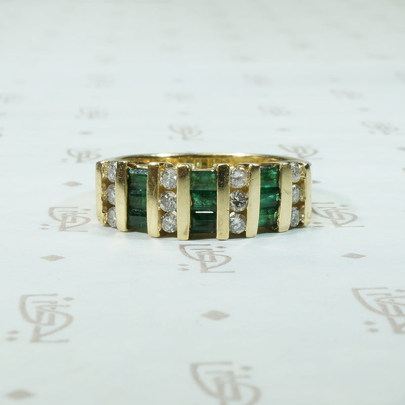 Wide Gold Band Set with Emeralds and Diamonds