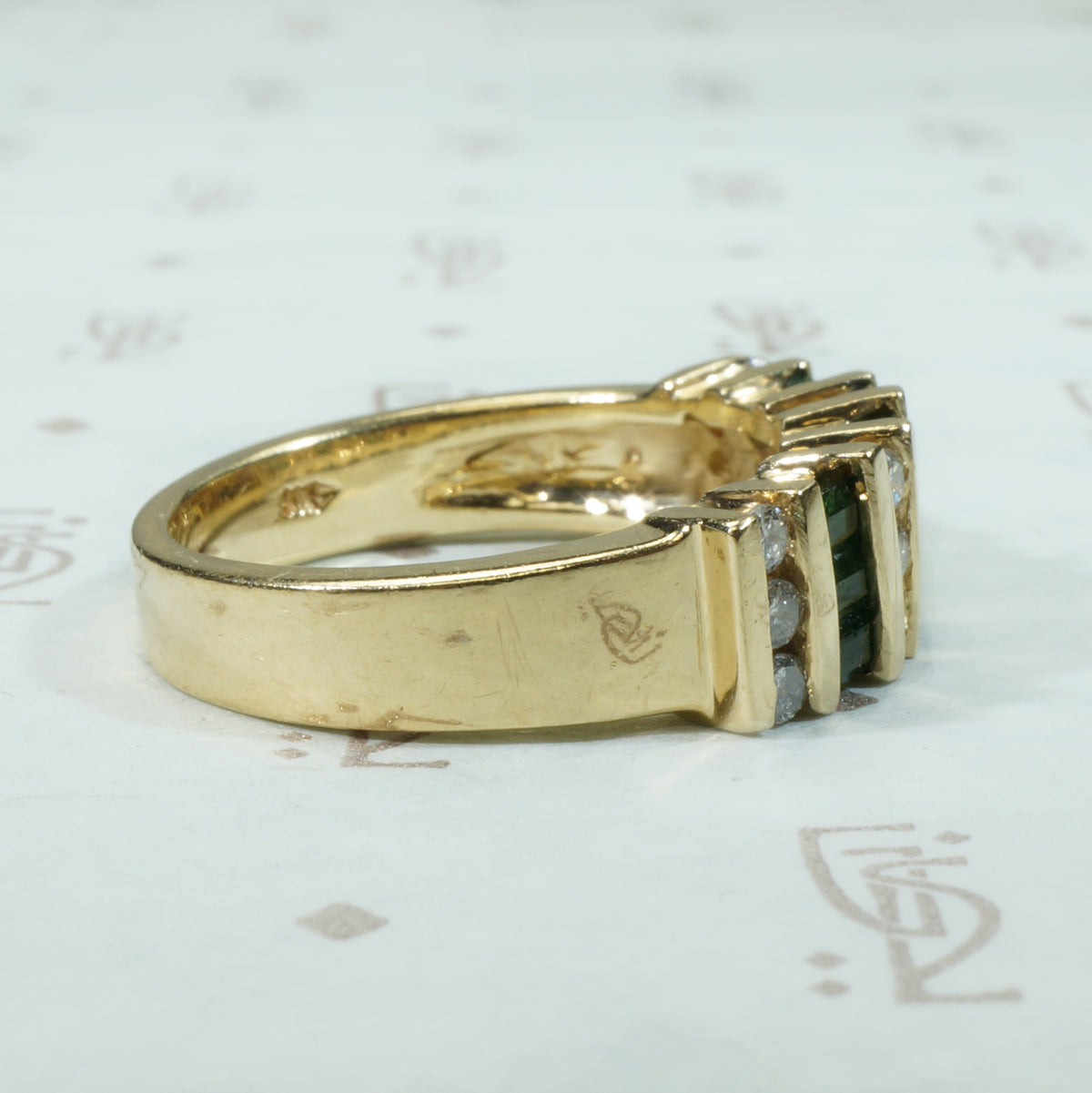 Wide Gold Band Set with Emeralds and Diamonds