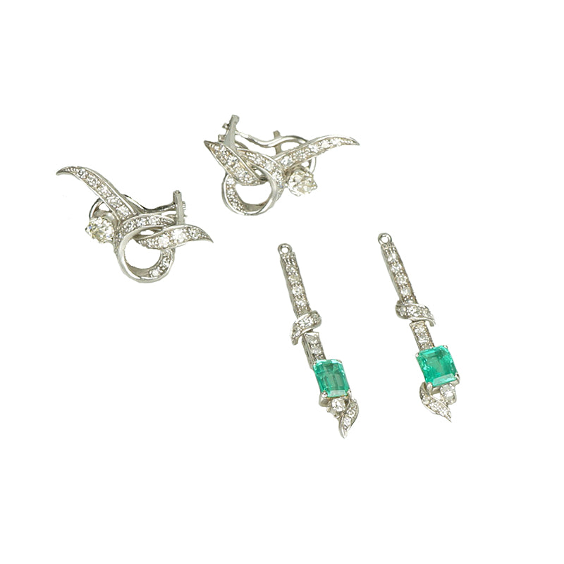 Platinum Emerald and Diamond Fine Vintage Earrings - Gem Set Love