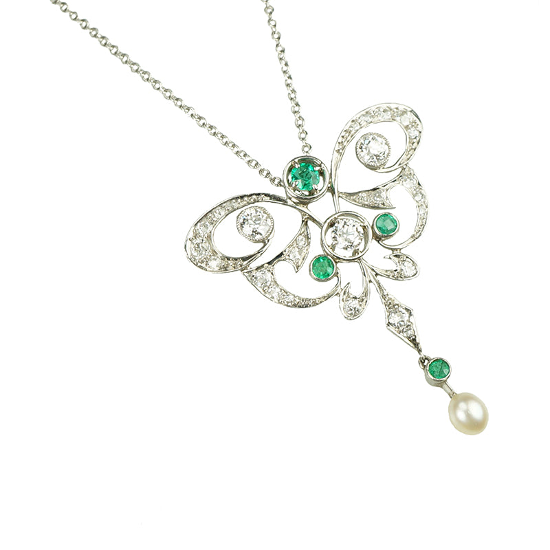 Edwardian Diamond and Emerald Platinum Pendant - Gem Set Love