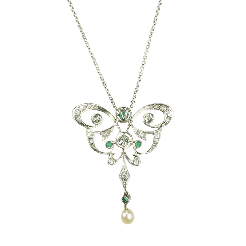Edwardian Diamond and Emerald Platinum Pendant - Gem Set Love