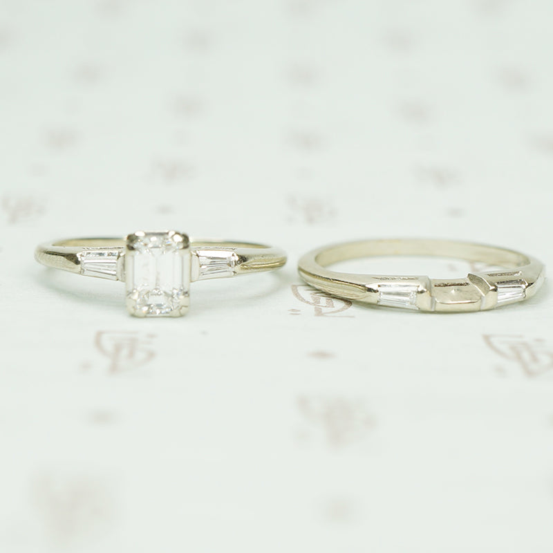 Vintage Emerald Cut Diamond Wedding Set