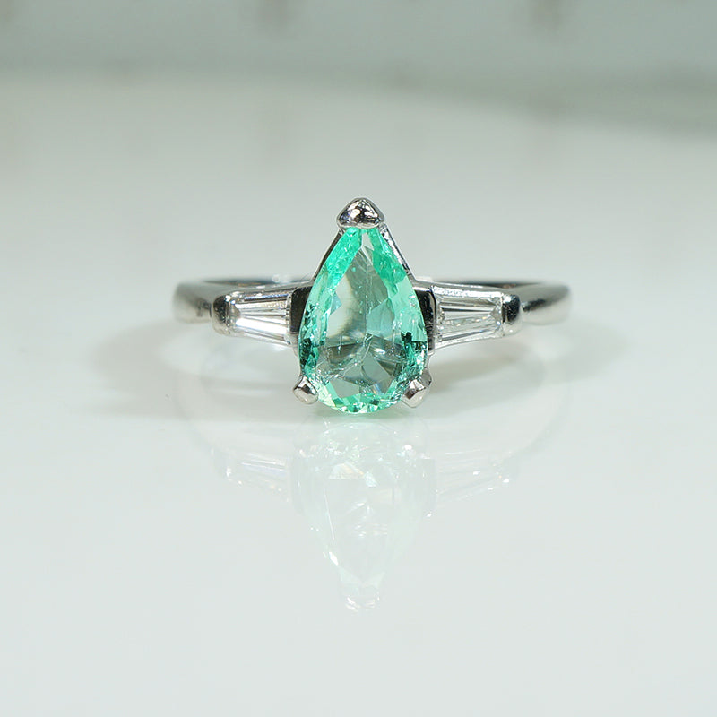 Platinum Pear Shape Emerald and Diamond Engagement Ring