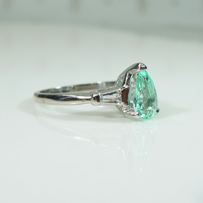 Platinum Pear Shape Emerald and Diamond Engagement Ring