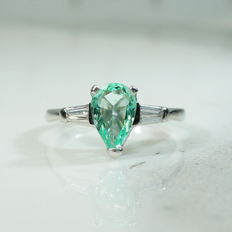 Platinum Pear Shape Emerald and Diamond Engagement Ring