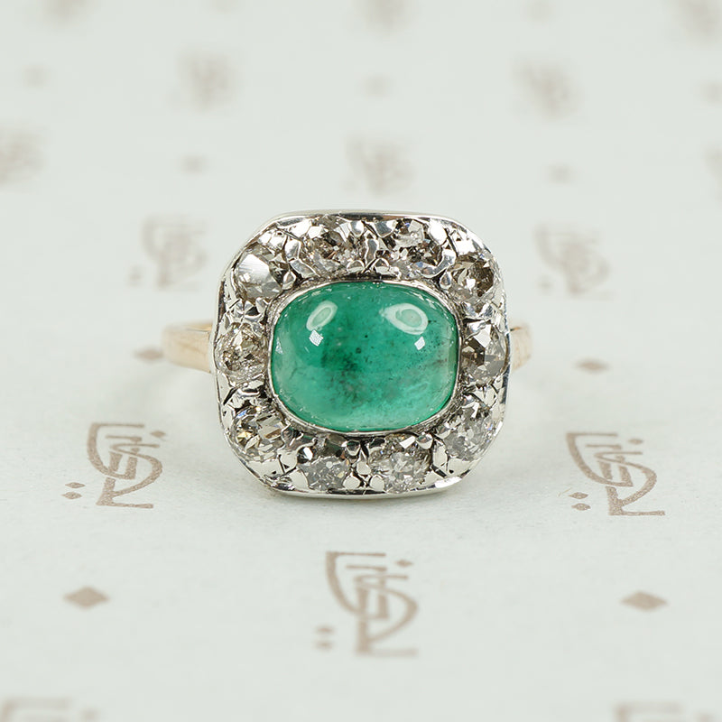 Old Silver on Gold Ring Emerald Sugar Loaf and Diamonds
