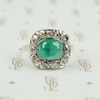 Old Silver on Gold Ring Emerald Sugar Loaf and Diamonds