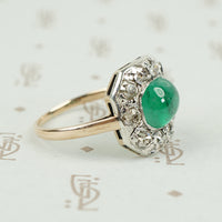 Old Silver on Gold Ring Emerald Sugar Loaf and Diamonds
