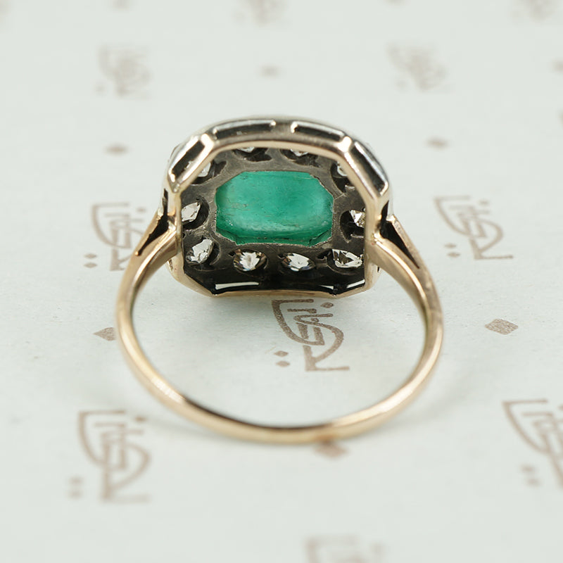 Old Silver on Gold Ring Emerald Sugar Loaf and Diamonds