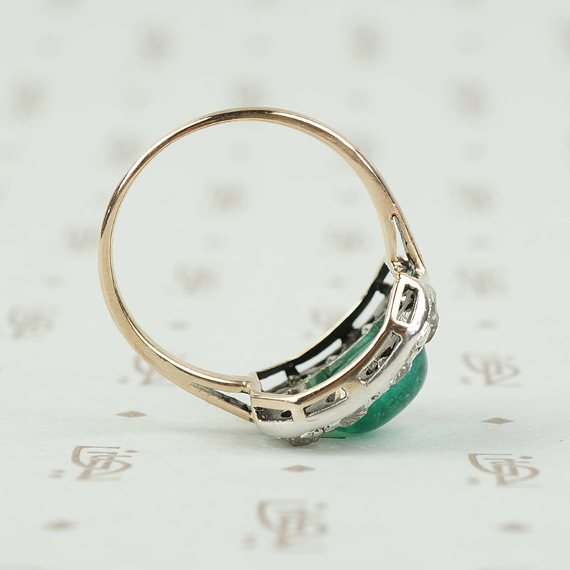 Old Silver on Gold Ring Emerald Sugar Loaf and Diamonds