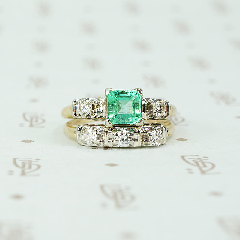 Vintage 1940's 2 tone Gold Emerald Wedding Set