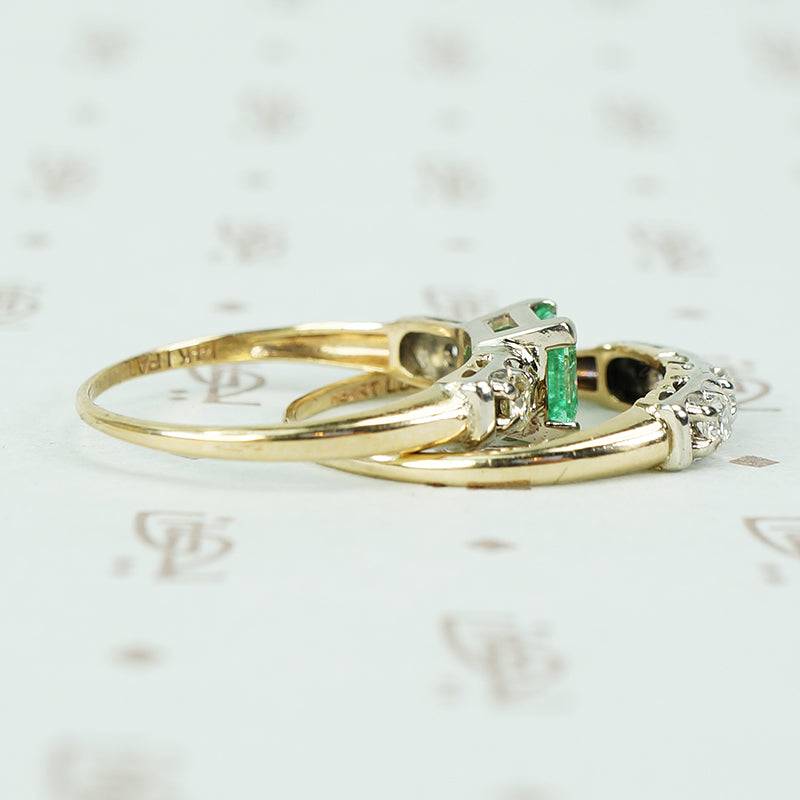 Vintage 1940's 2 tone Gold Emerald Wedding Set