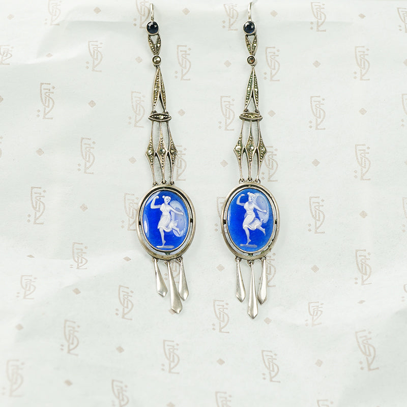 Long Silver Earrings with Enameled Glass Cameos