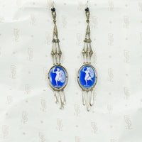 Long Silver Earrings with Enameled Glass Cameos