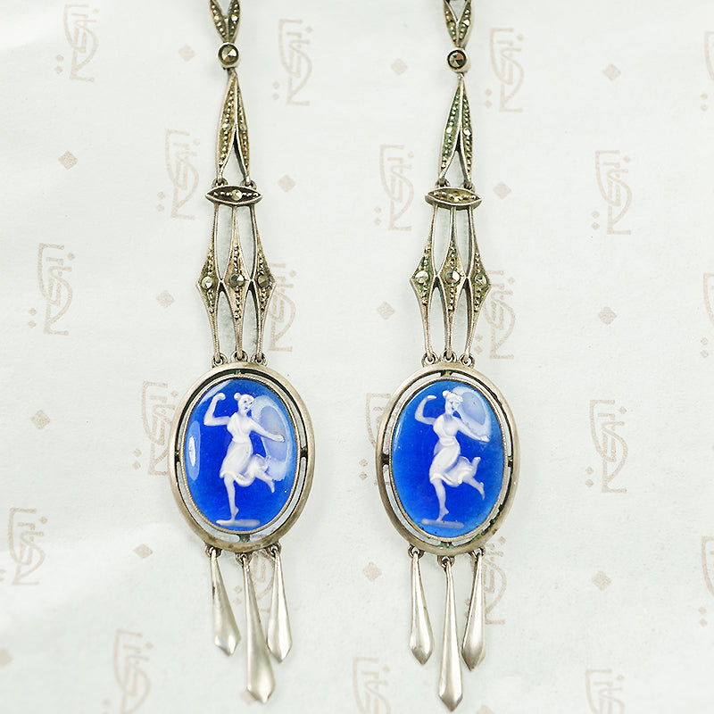 Long Silver Earrings with Enameled Glass Cameos