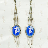 Long Silver Earrings with Enameled Glass Cameos