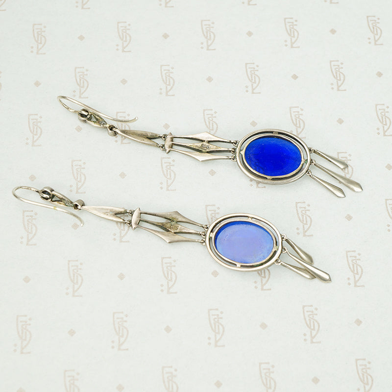 Long Silver Earrings with Enameled Glass Cameos