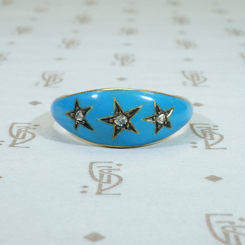 robins egg blue enamel star set rose cut diamond band 18k gold