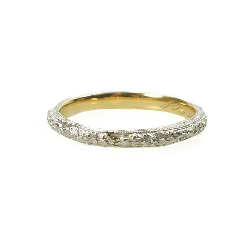 Deeply Engraved Forget me not Wedding Band in Platinum on 18k yellow gold